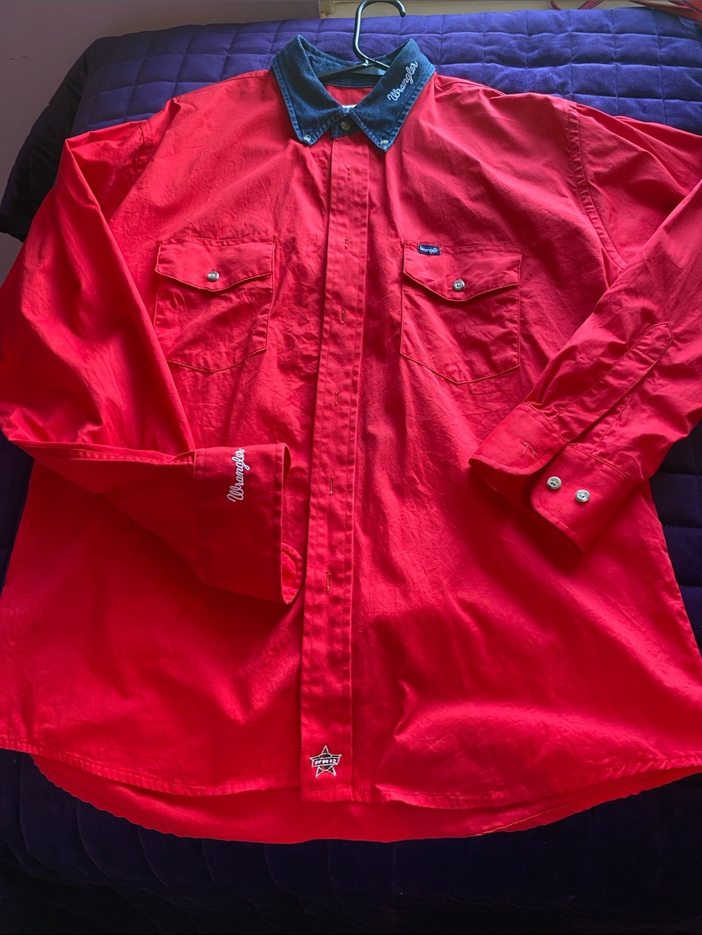Wrangler Red Button-Down Western Shirt with Dark blue-jean type Collar- PBR